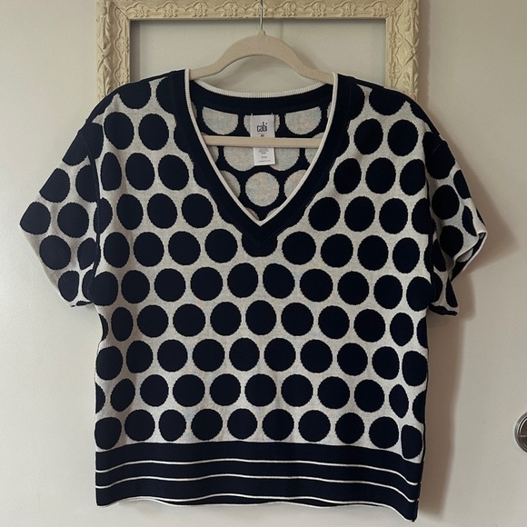 CAbi | Volley Reversible Navy and White Polka Dot Short Sleeve Pullover Sweater - Picture 2 of 16